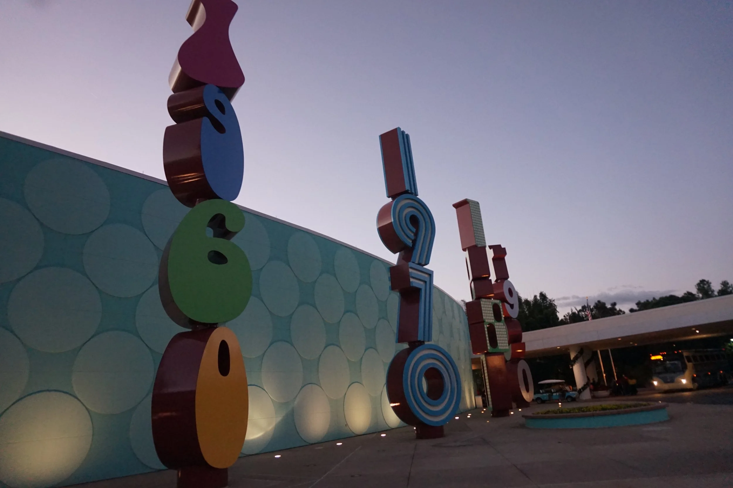 Yearly stacked signs at the entrance to Pop Century resort in Walt Disney World