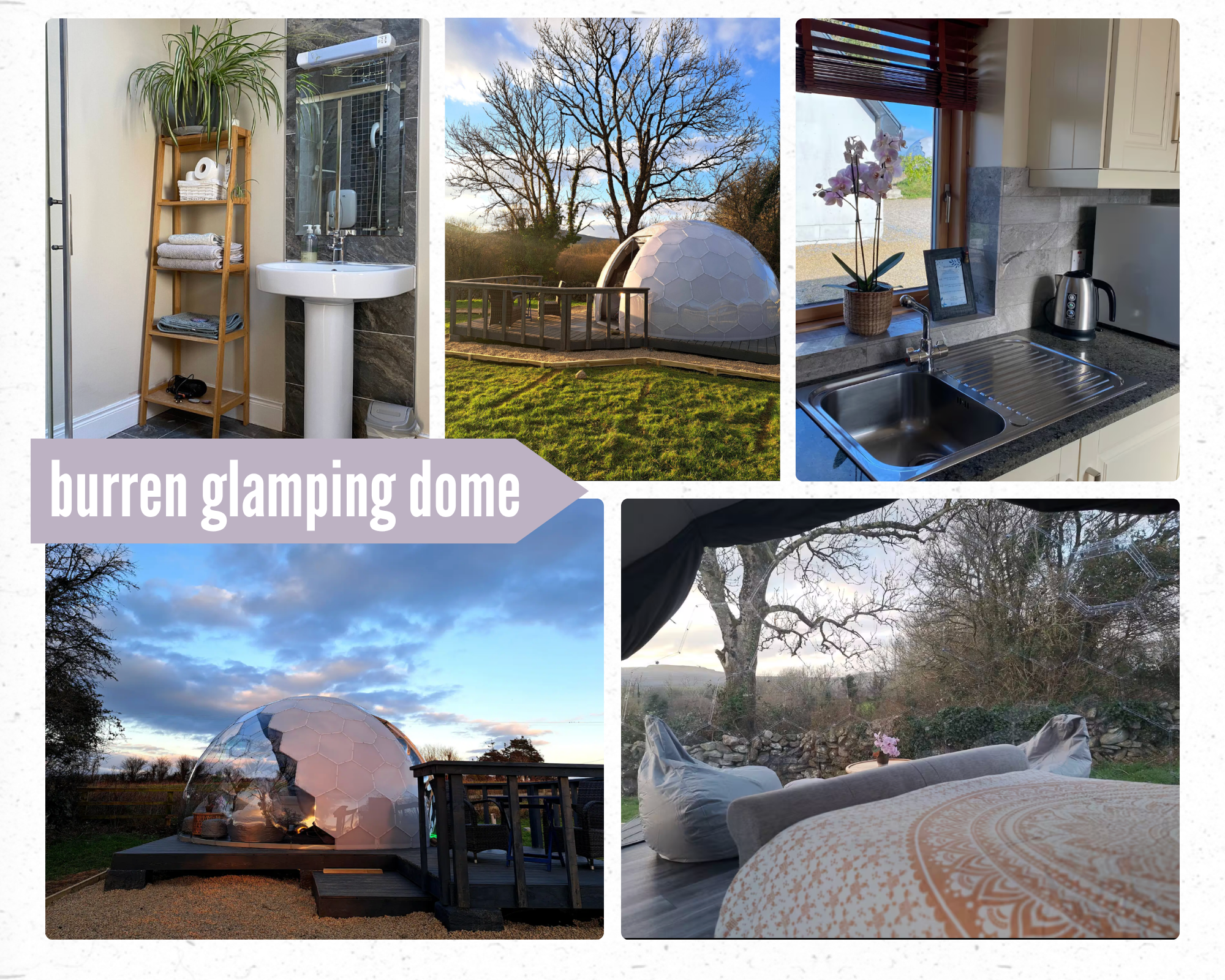 Collage of photos of a glamping dome in County Clare, Ireland