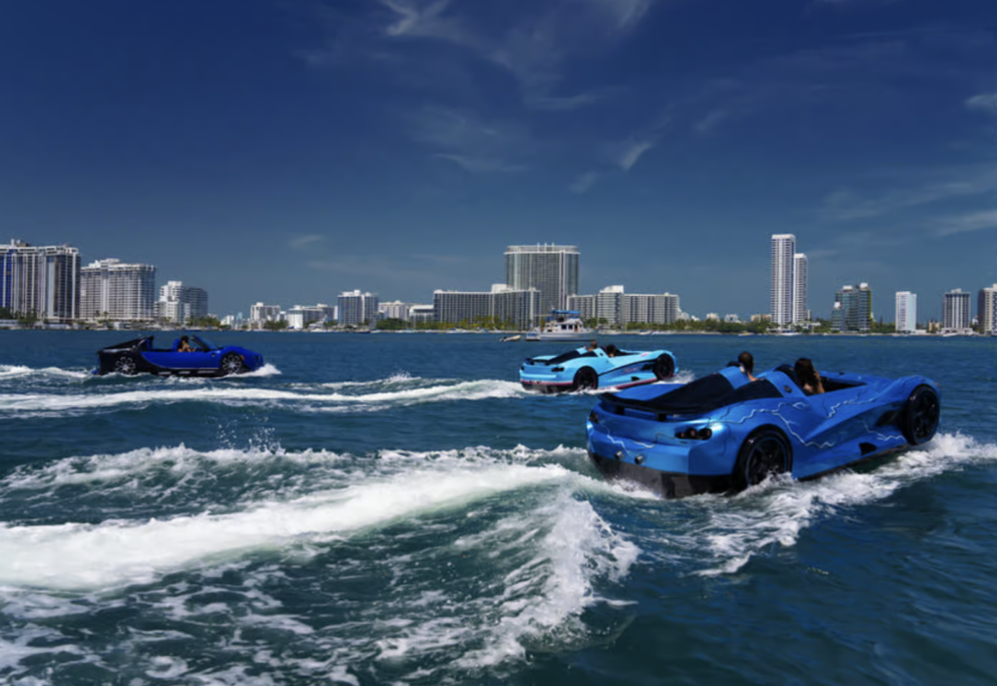Blue water jet car in front of San Juan skyline