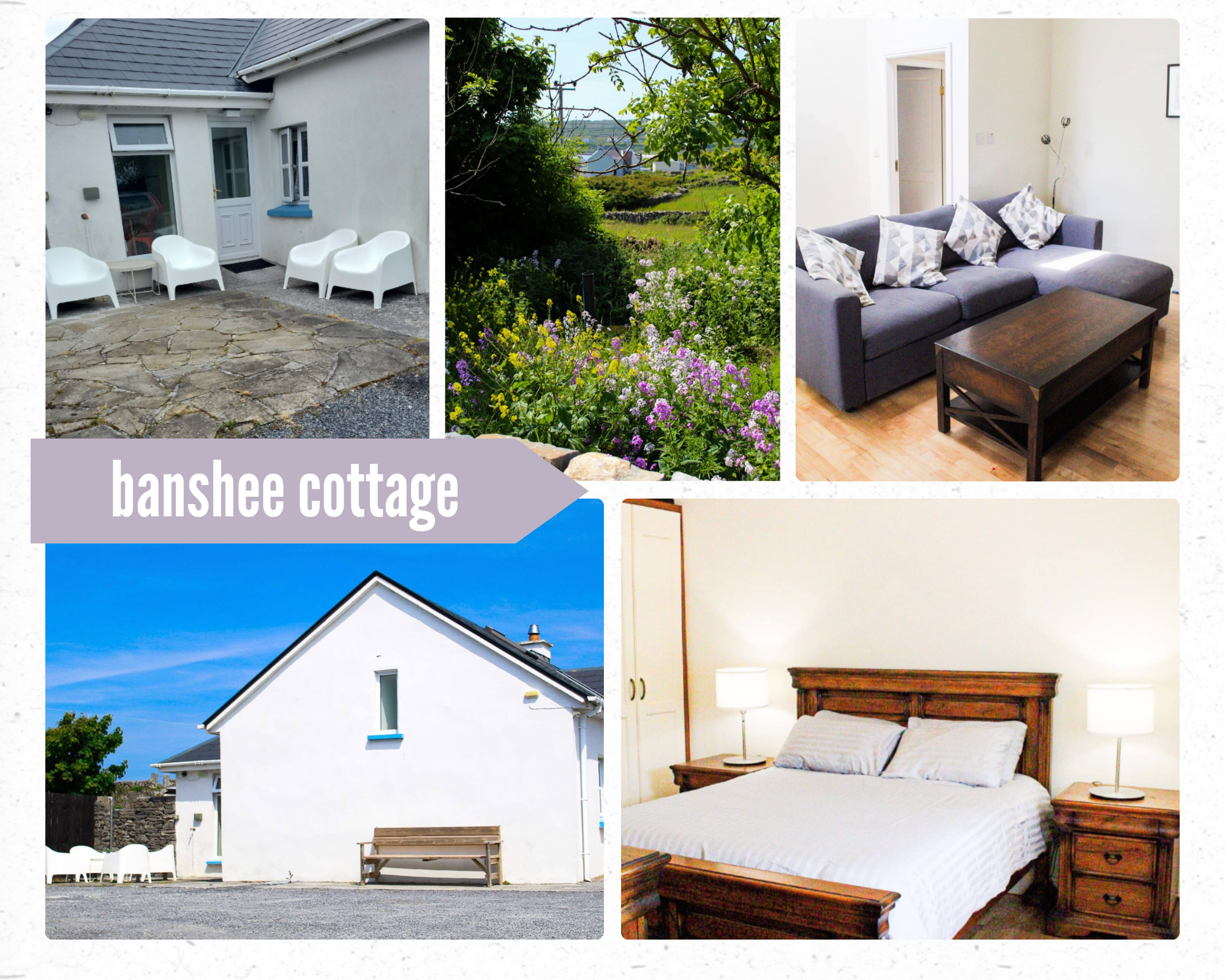 Collage of interior and exterior of Banshee Cottage AirBnB rental in Inishmore, Aran Islands