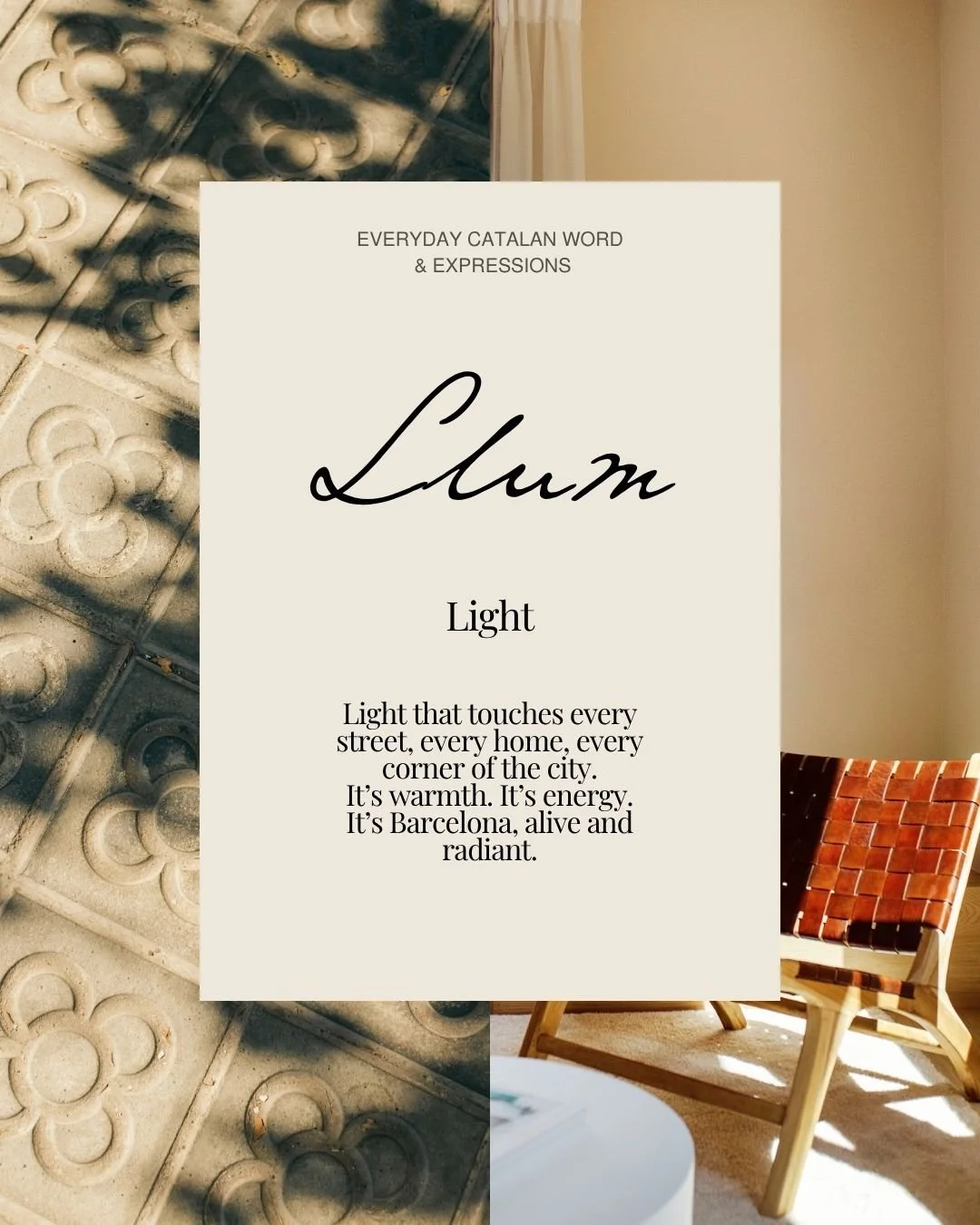 The light that fills every street, every home, every corner of the city. Warmth, energy, movement. This is Barcelona: alive, vibrant, radiant.
It follows us on morning walks through quiet streets, lingers on sunlit terraces, and golden hues of a suns