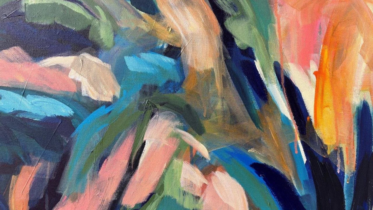 Abstract painting with bold brushstrokes in shades of pink, blue, green, orange, and black.