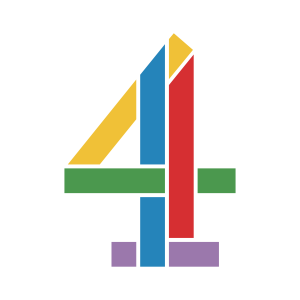 A colorful, abstract design resembling the number 4, composed of various colored geometric shapes including yellow, blue, red, green, purple, and black.