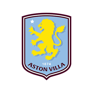 A badge with a yellow lion on a light blue shield, bordered in dark purple, with stars and the text 'Aston Villa 1874'.