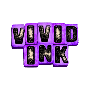 The word "VIVID INK" spelled out with black letter tiles on a purple background.