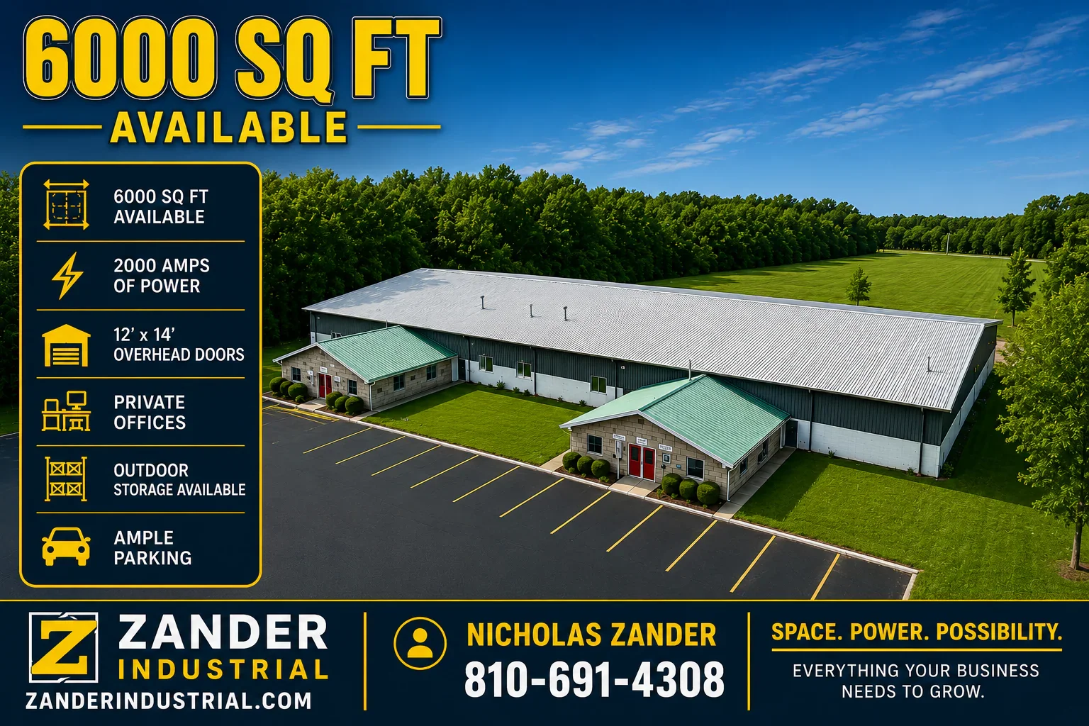 Large industrial warehouse with commercial office space and outdoor storage, available for lease or sale, with parking lot and surrounded by green trees and field.