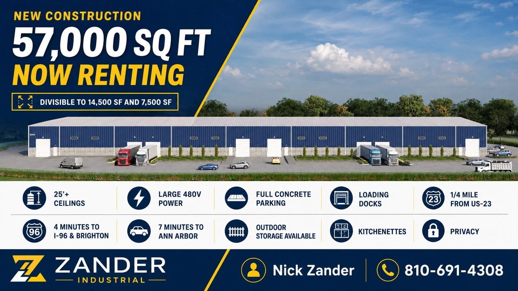 A large commercial warehouse building with blue exterior and multiple loading docks, advertised for rent with 57,000 square feet of space, located near US-23 and I-96, featuring high ceilings, concrete parking lot, and outdoor storage, with contact i