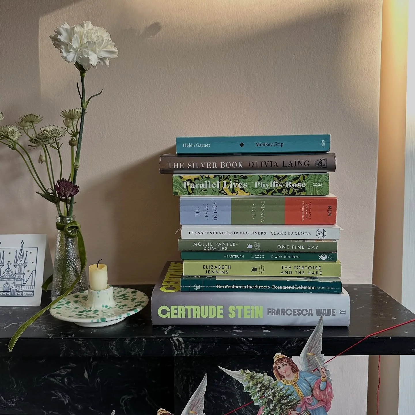 books of the year ! a rather late, &amp; distinctly green-spined stack. I failed to track my reading at all this year, but found my tastes for reading for pleasure change as I returned to reading more academic material. 2025 can go down in history as