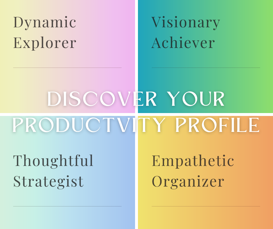 The four productivity styles: Empathetic Organizer, Dynamic Explorer, Thoughtful Strategist, and Visionary Achiever.