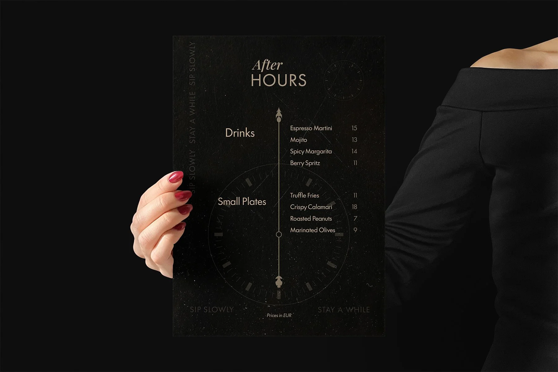 One-page menu design for a stylish, moody late-night cocktail bar.
