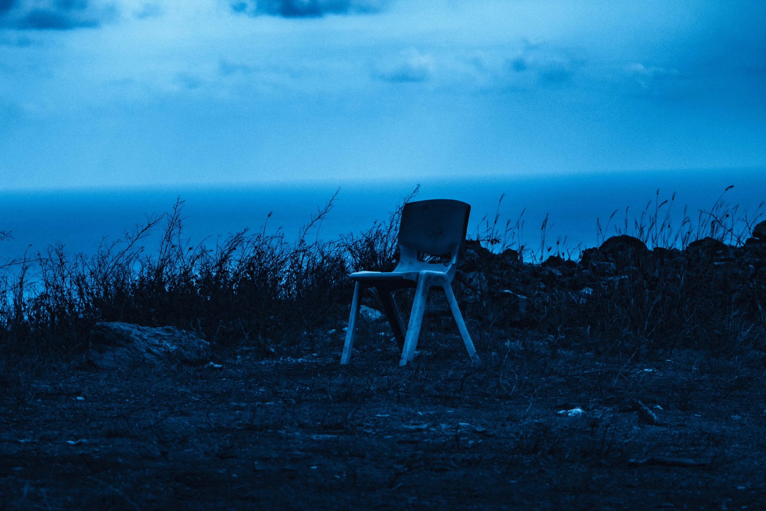 Paysage rocheux et végétation fragile de l'île de Ua-Pou aux Marquises, baigné dans une lumière crépusculaire teintée de bleu. Photographie issue du projet "Retiens le bleu" d'Edwina Bellahouel, développé dans le cadre du mentorat photo en ligne de P