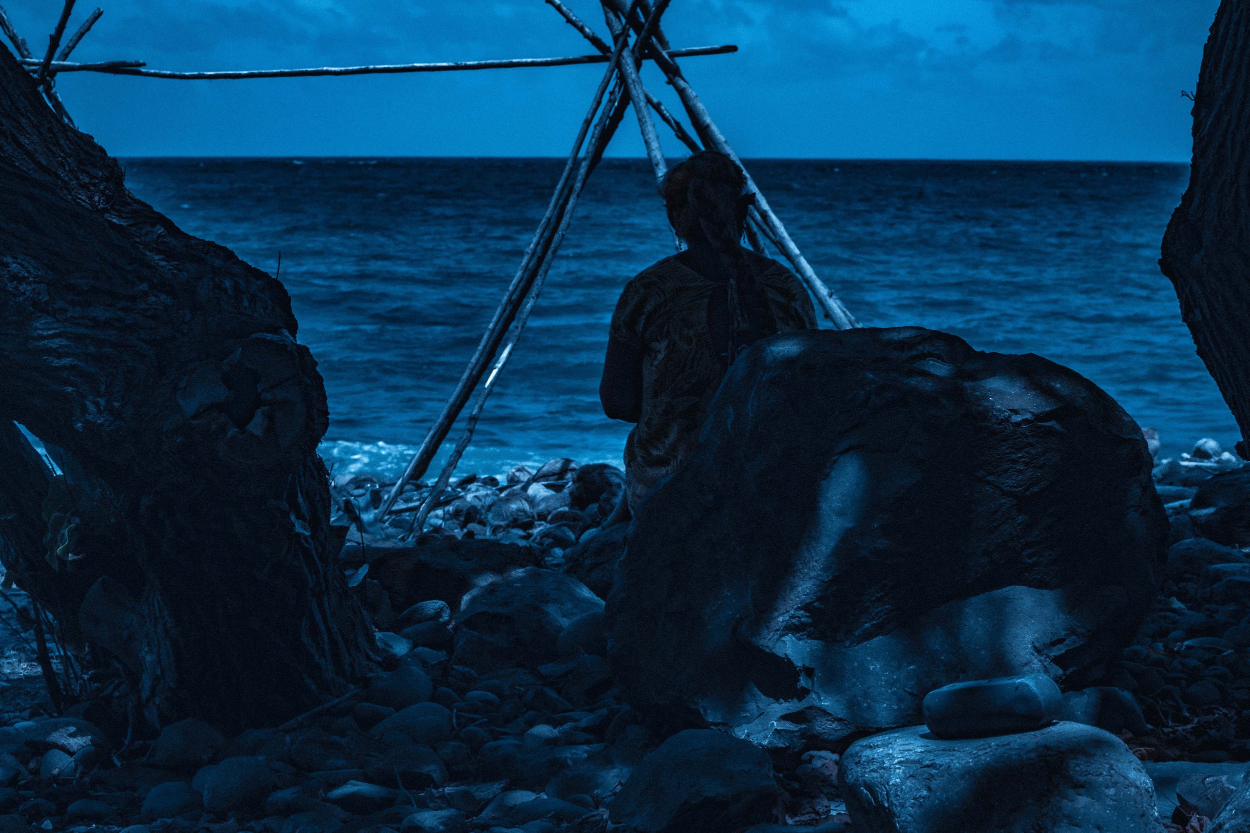 Paysage rocheux et végétation fragile de l'île de Ua-Pou aux Marquises, baigné dans une lumière crépusculaire teintée de bleu. Photographie issue du projet "Retiens le bleu" d'Edwina Bellahouel, développé dans le cadre du mentorat photo en ligne de P