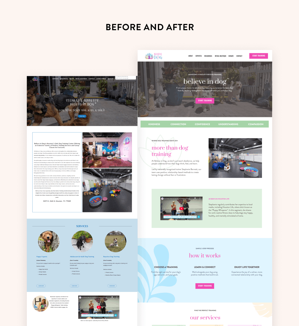 before and after of believe in dog's home page