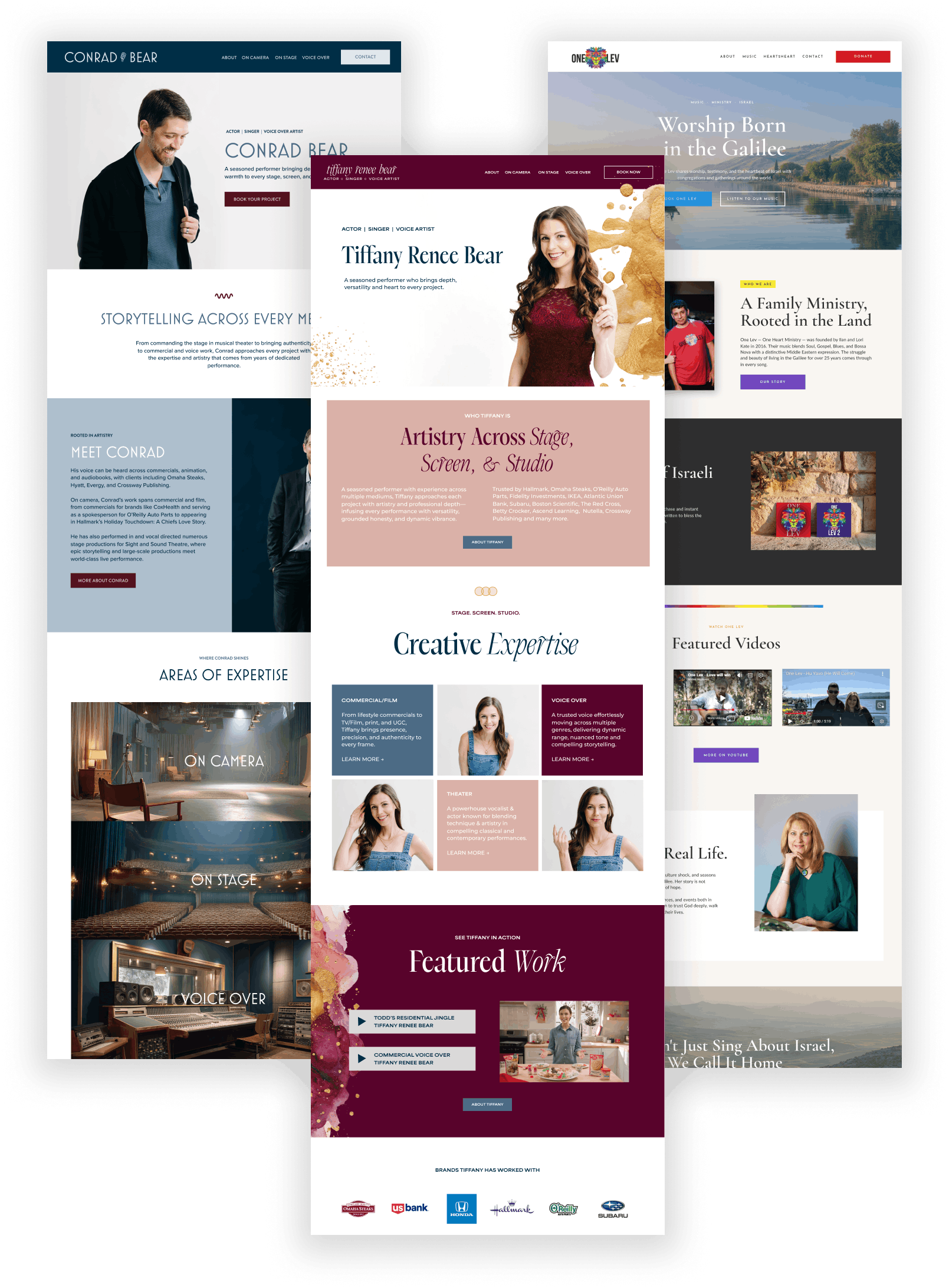 Collage of web pages for multiple artists and performers, each featuring their name, photo, biography, and links to listen or learn more.