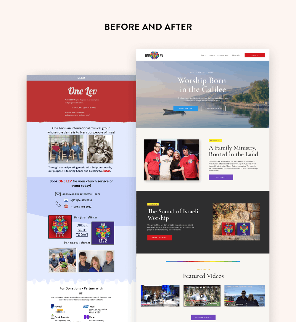 Comparison of two website designs: the old website for One Lev with a red and blue theme and the new, updated website featuring a serene lake scene and group photo, showcasing website transformation from an informational page to a more modern, engaging platform.
