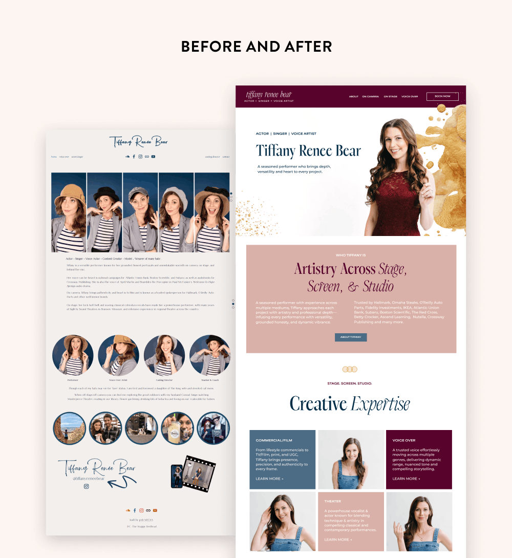 Comparison of an outdated website with a modern, redesigned website for Tiffany Renee Bear, showcasing her as an actress, singer, and voice artist.