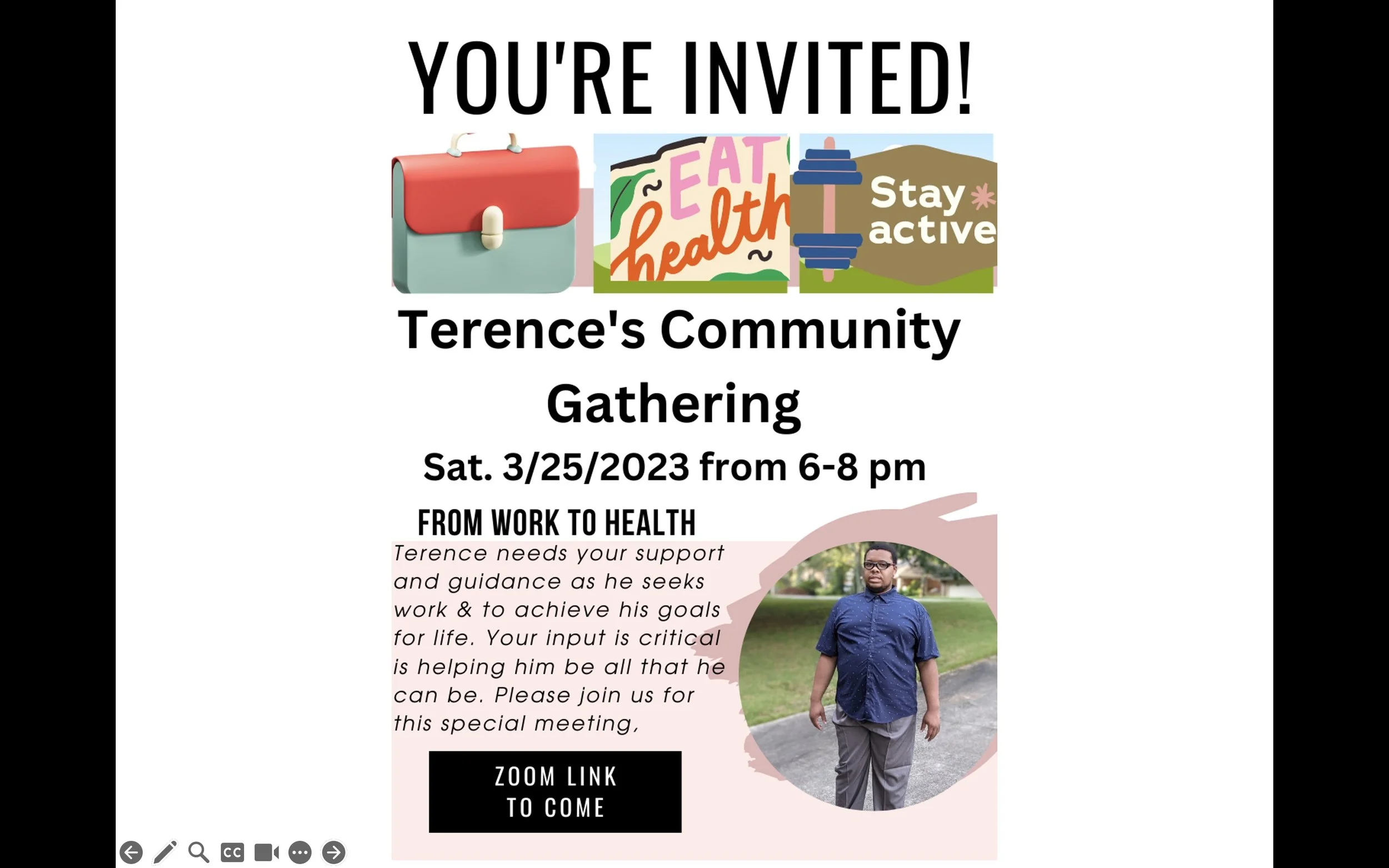 Flyer invites family and friends to Terence's Community Gathering.