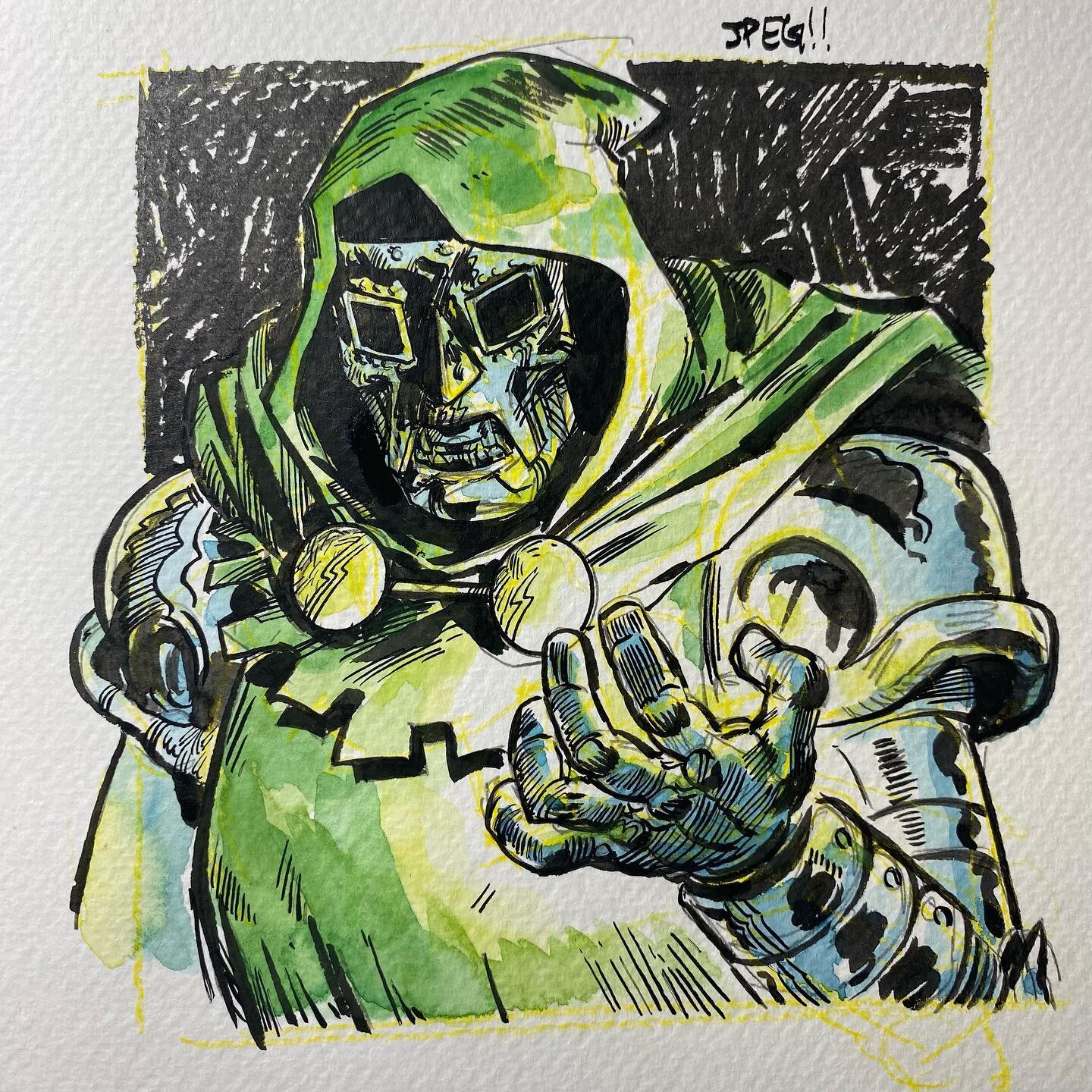 Desk shot of a #doctordoom watercolor warm up. He&rsquo;s my favorite marvel character and I&rsquo;m going to pitch a fit if they put him in the MCU and he&rsquo;s not wearing this mask and calling people things like &ldquo;fool&rdquo; and &ldquo;dol