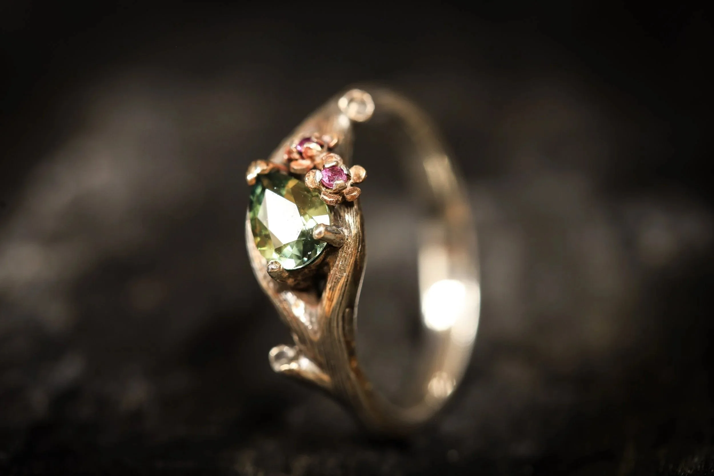 Cherry blossom forest ring / silver & bronze mokume with a green sapphire /
2025 · One of one