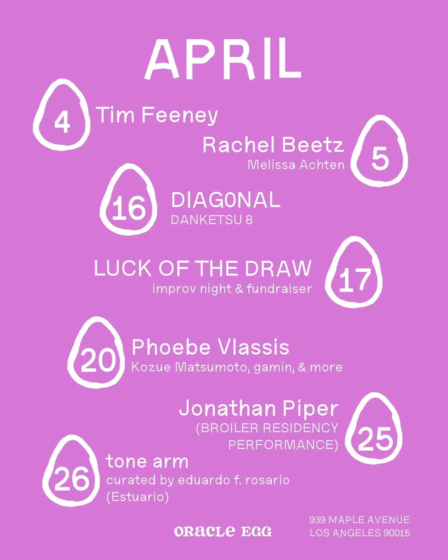 ᗩᑭᖇIᒪ at Oracle Egg 𖡼.𖤣𖥧𖡼.𖤣𖥧

✿ ᗩᑭᖇIᒪ ᖴOᑌᖇTᕼ ~ screening of Dowsing by Tim Feeney @theothertimfeeney 

✿ ᗩᑭᖇIᒪ ᖴIᖴTᕼ ~ Tone Keepers by Rachel Beetz with an opening set by Melissa Achten @rachelbeetz @harpistemology 

✿  ᗩᑭᖇIᒪ ᔕI᙭TEEᑎTᕼ ~ De-Com