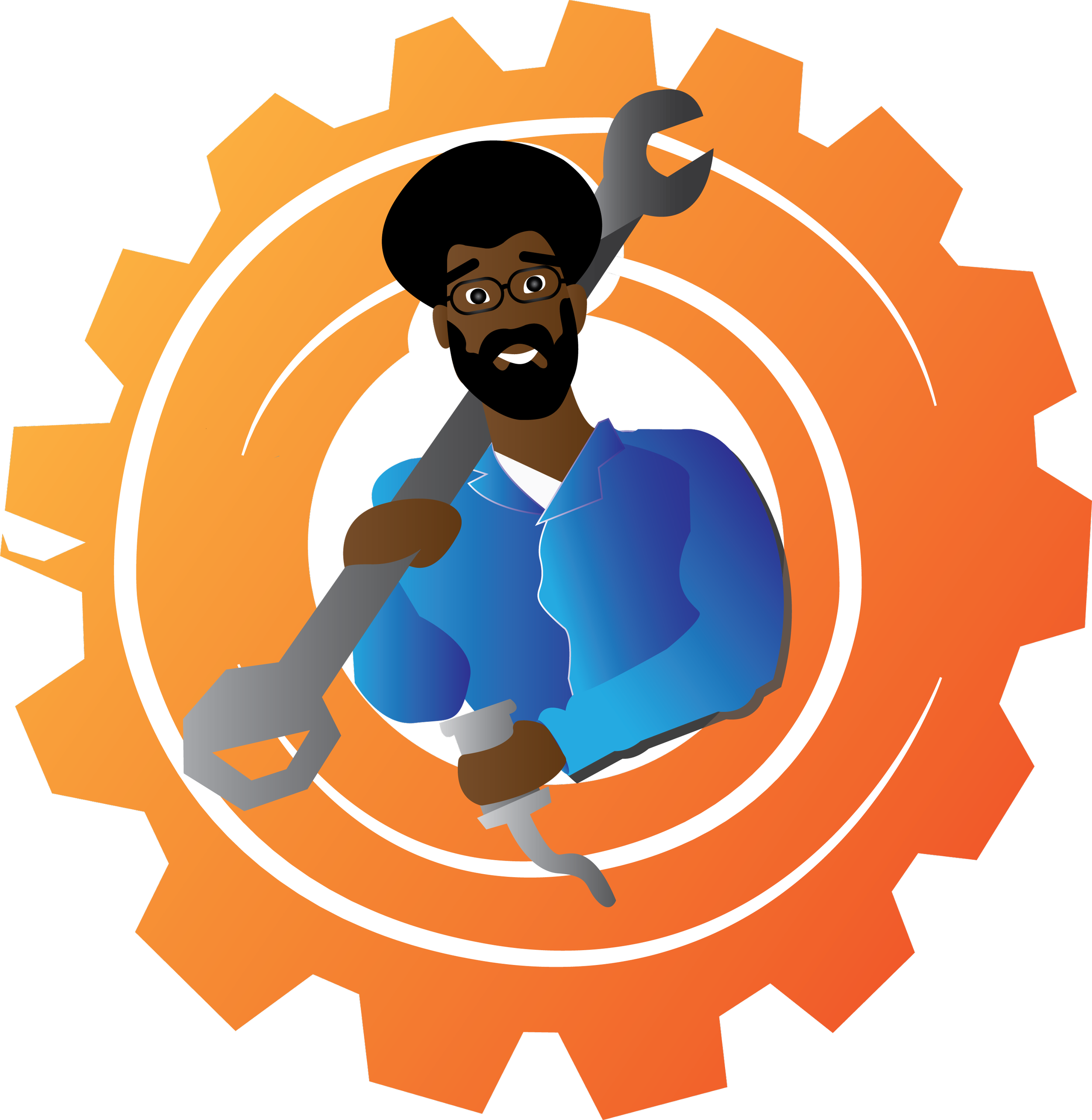 Illustration of a repairman with glasses and a beard, holding a large pipe wrench, set inside a gear with a gradient from orange to red.