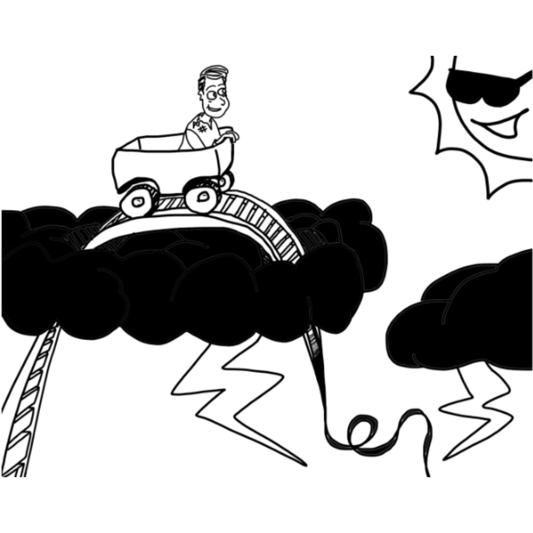a man on a rollercoaster that's about to plummet down