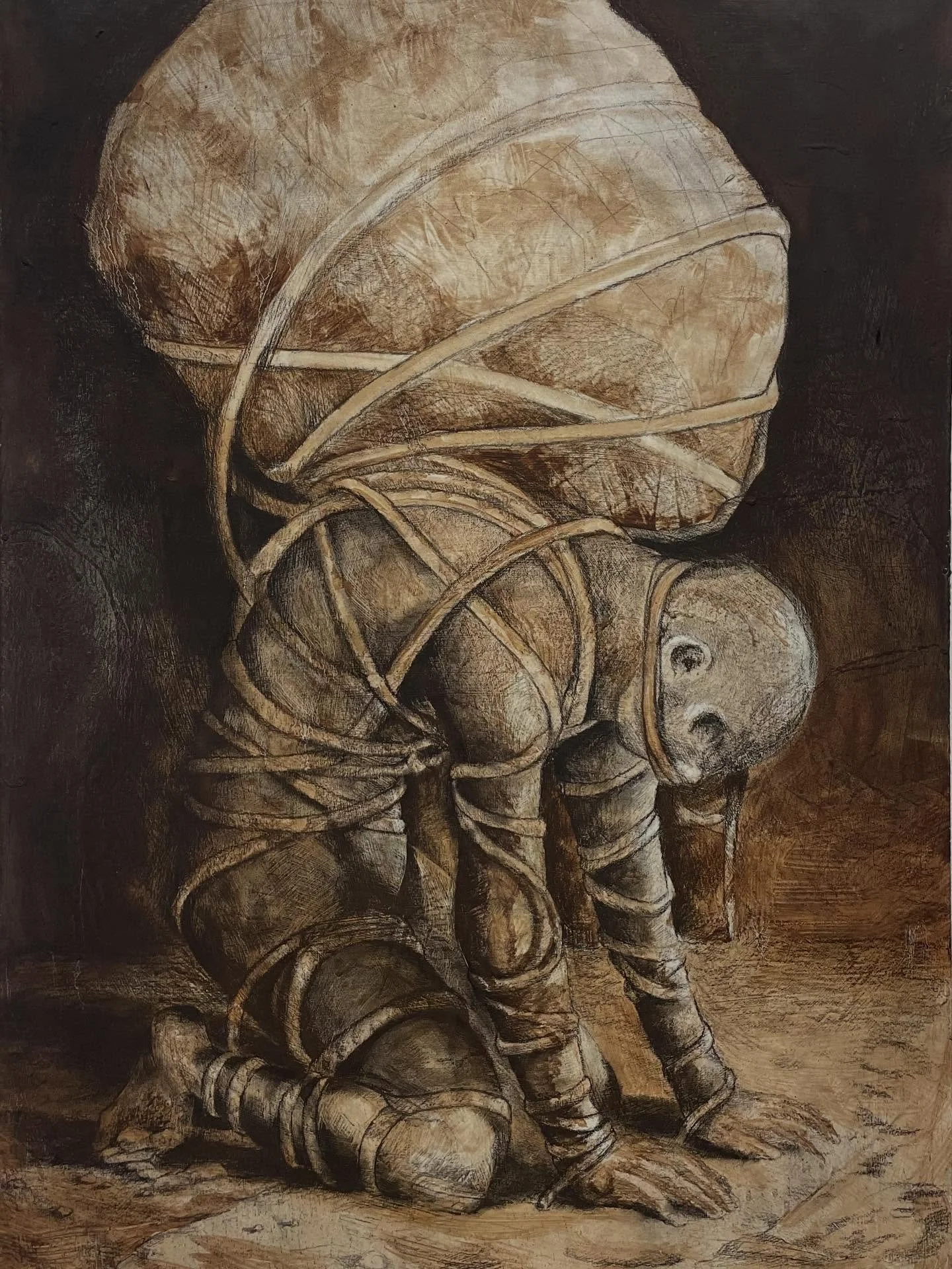 Weight of Grief: Charcoal and Oil on Wood Panel
