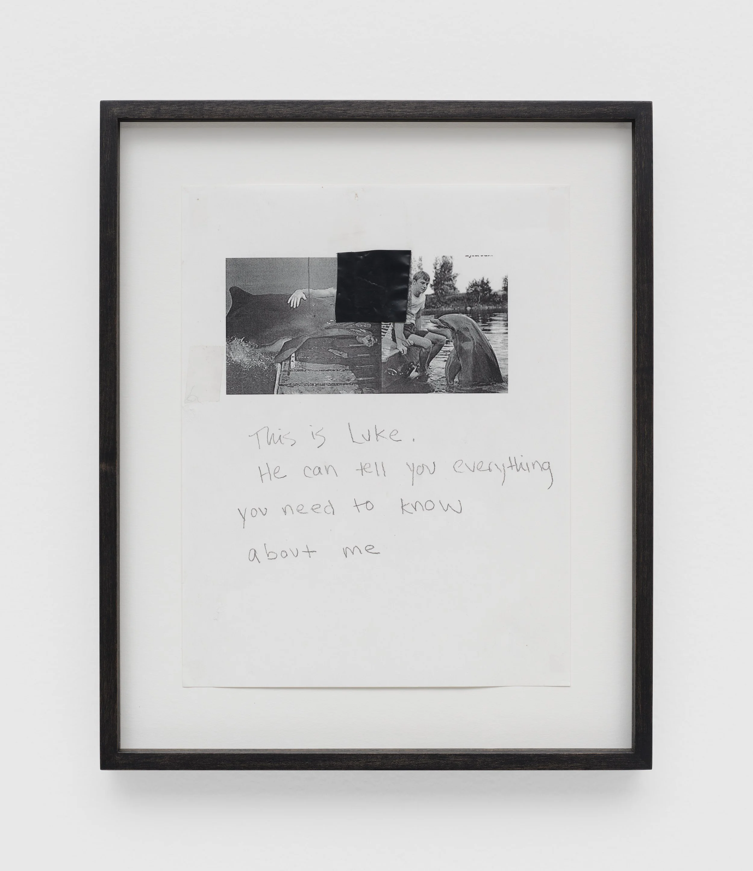 Installation view of This Is Luke , 2011, archival print, pencil, black trash bag swatch, 14 x 11.5 inches. Photo: Marten Elder.