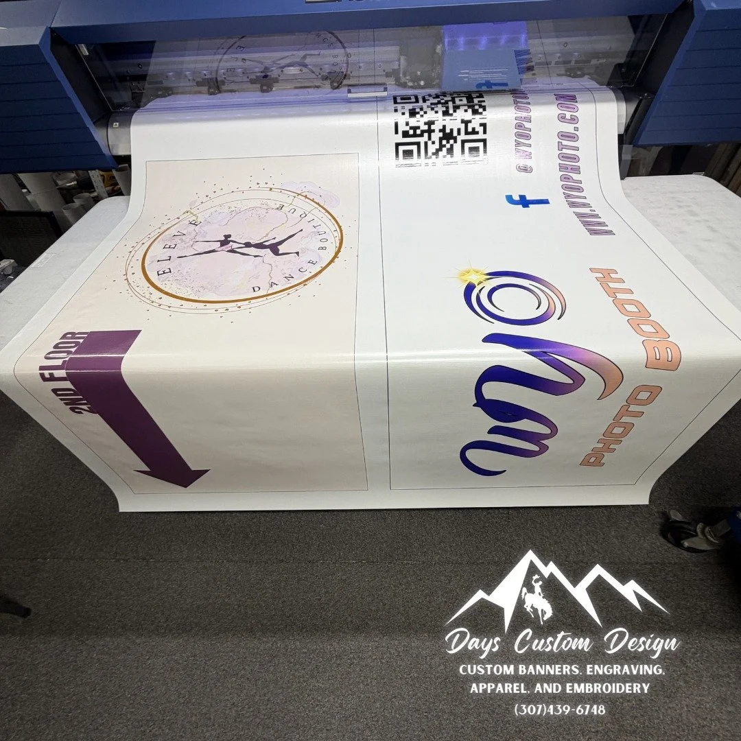 Two banners printing at once for Eleve Dance Boutique  and Wyo Photo Booth and they turned out SO good 🔥
Bold colors, sharp detail, and high quality material that is built to stand out at any event or storefront. Nothing grabs attention faster than 