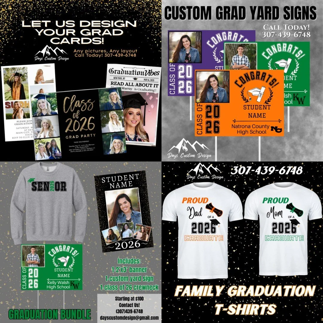 Graduation season is coming FAST and it is never too early to start planning.
Make your graduate feel truly special with custom grad cards, matching family shirts, or our iconic graduation bundle including a custom yard sign, sweatshirt, and banner f