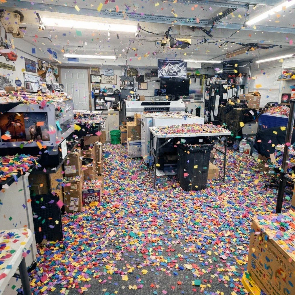 OH NO! We walked into the shop this morning and it was completely filled with confetti 🎉😳
Every table. Every machine. Even the embroidery hoops.
Safe to say production almost turned into a clean up crew for the day.
April Fools 😄
The shop is runni