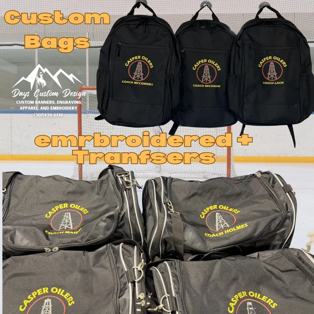 Take a look at these custom embroidered duffel bags for Casper Oilers Hockey  coach gifts along with custom backpacks featuring our DTF prints.
Clean, durable, and made to last.
This is the kind of custom work that leaves a lasting impression.
📞 Cal