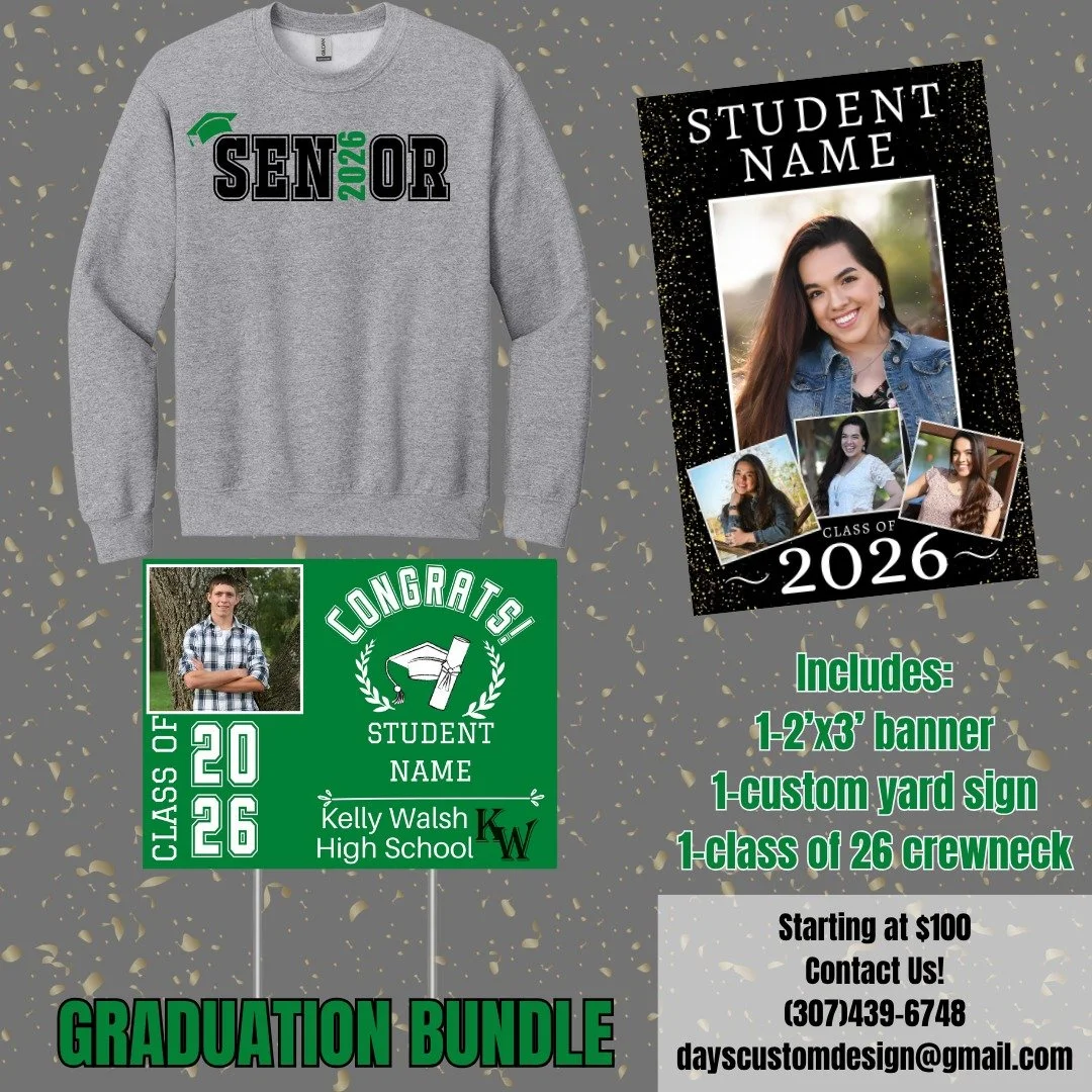 Make graduation unforgettable with our Graduation Bundle 🎓
✔ Custom Yard Sign
✔ Custom Crewneck Sweatshirt
✔ Custom Banner
All designed around YOUR graduate.
Spots fill fast every year so do not wait.
📞 Call (307) 439-6748 or visit https://wyowear.