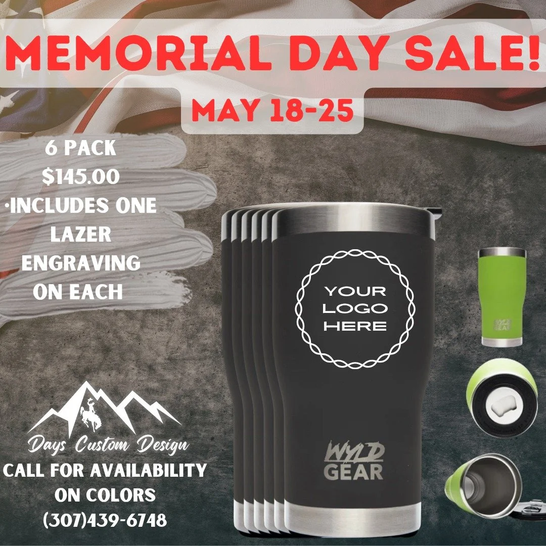 🚨 MEMORIAL DAY SALE STARTS TODAY 🚨
This is the LOWEST price we have EVER offered on custom cups.
Get a 6 pack of 20oz tumblers with your logo engraved for just $145.
Perfect for businesses, gifts, or summer events.
⚠ Be sure to mention &ldquo;Memor