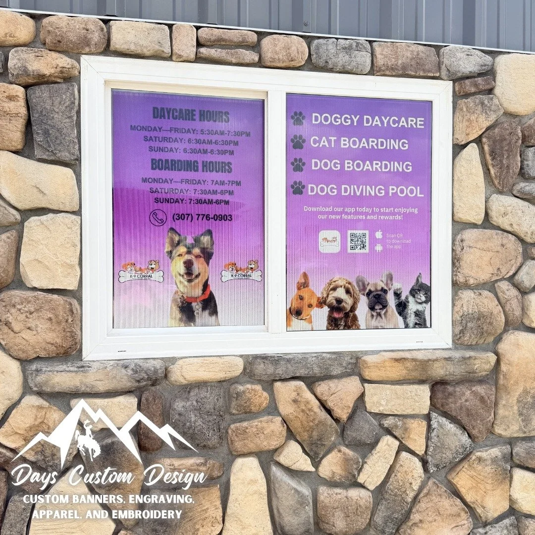 Take a look at these business windows for K-9 Corral Your Pets One Stop Shop 🔥
These updates made a HUGE difference and instantly upgraded their storefront.
Your business could stand out just like this.
📞 Call (307) 439-6748 or visit dayscustomdesi
