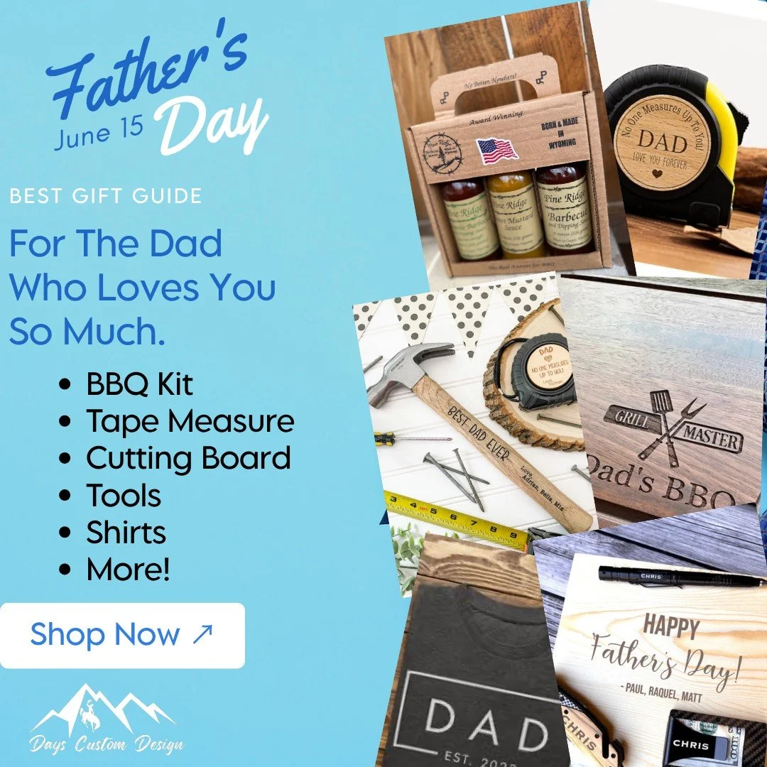 Still looking for the perfect Father&rsquo;s Day gift?
We&rsquo;ve got you covered.
From custom engraved cups to cutting boards to personalized apparel, give Dad something one of a kind.
Make it meaningful this year.
📞 Call (307) 439-6748 or visit d