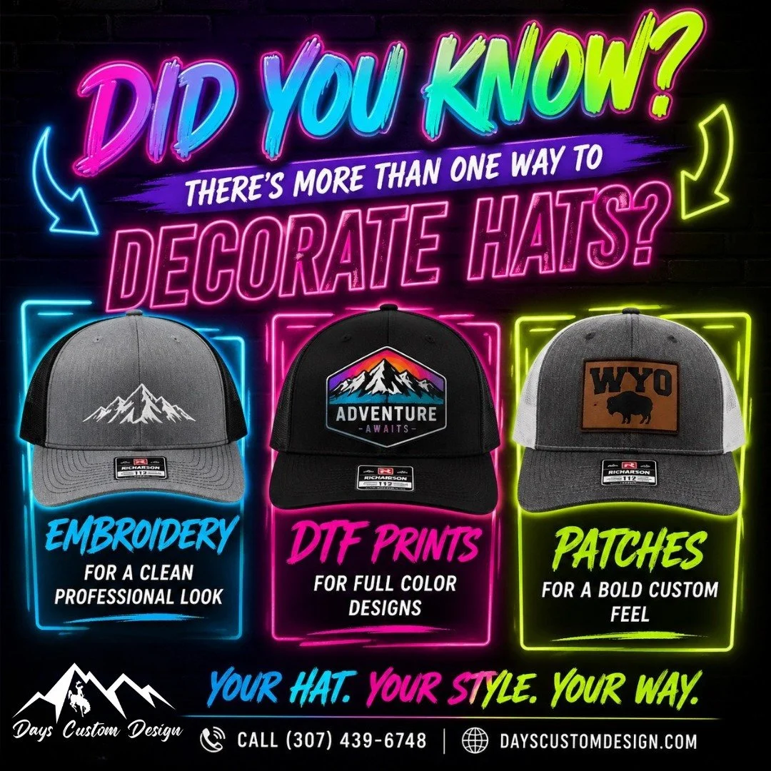 Did you know there&rsquo;s MORE than one way to decorate hats?
✔ Embroidery for a clean professional look
✔ DTF prints for full color designs
✔ Patches for a bold custom feel
We help you choose what works BEST for your brand.
📞 Call (307) 439-6748 o