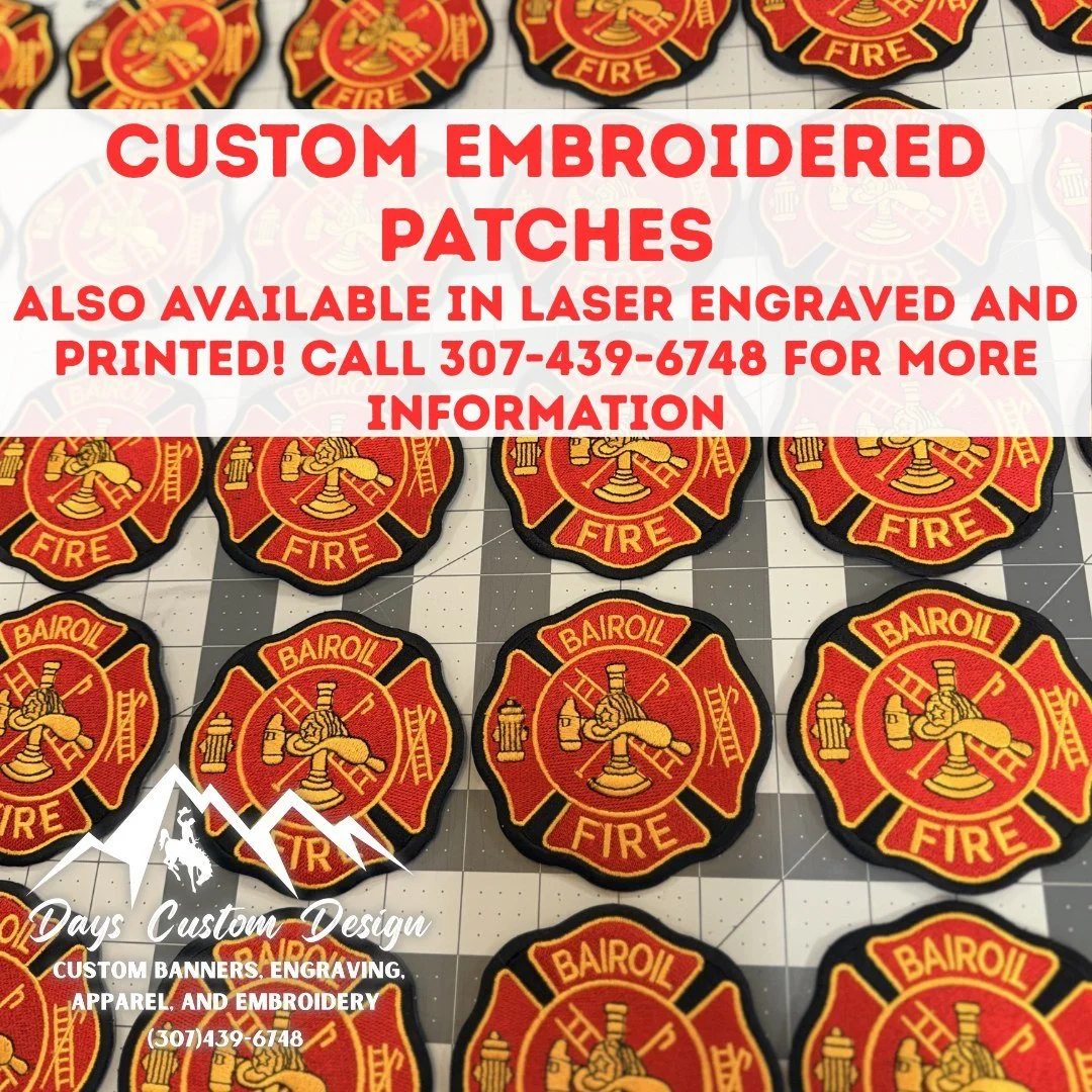 Custom patches are one of our BEST sellers right now 🔥
Perfect for hats, uniforms, jackets, and more.
Durable, detailed, and they instantly upgrade your look.
If you want something unique that stands out, patches are the way to go.
📞 Call (307) 439