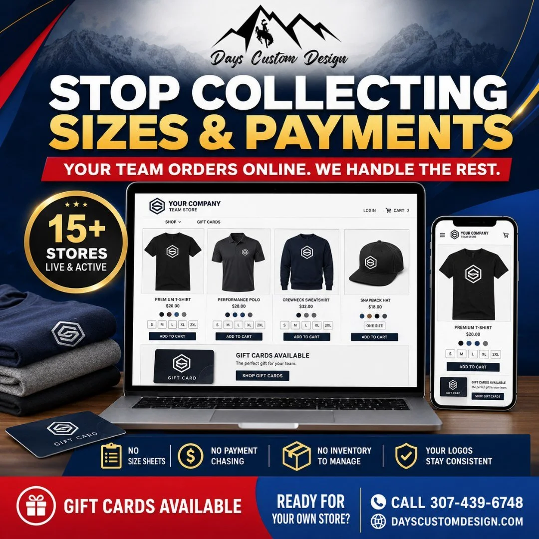 Stop collecting size lists, chasing employee payments, managing boxes of extra inventory, and worrying about someone using the wrong logo. 🛍️👕✨
Days Custom Design can build an affordable online store specifically for your business, team, school, or