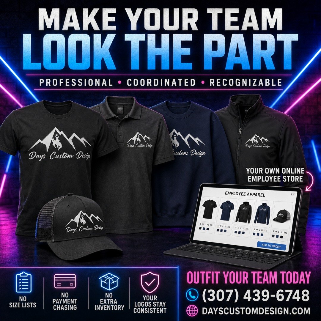 Your employees represent your business every time they meet a customer. Make sure they look professional, coordinated, and easy to recognize. 👕🧢✨
Days Custom Design can create T shirts, polos, sweatshirts, jackets, hats, and more with decoration op