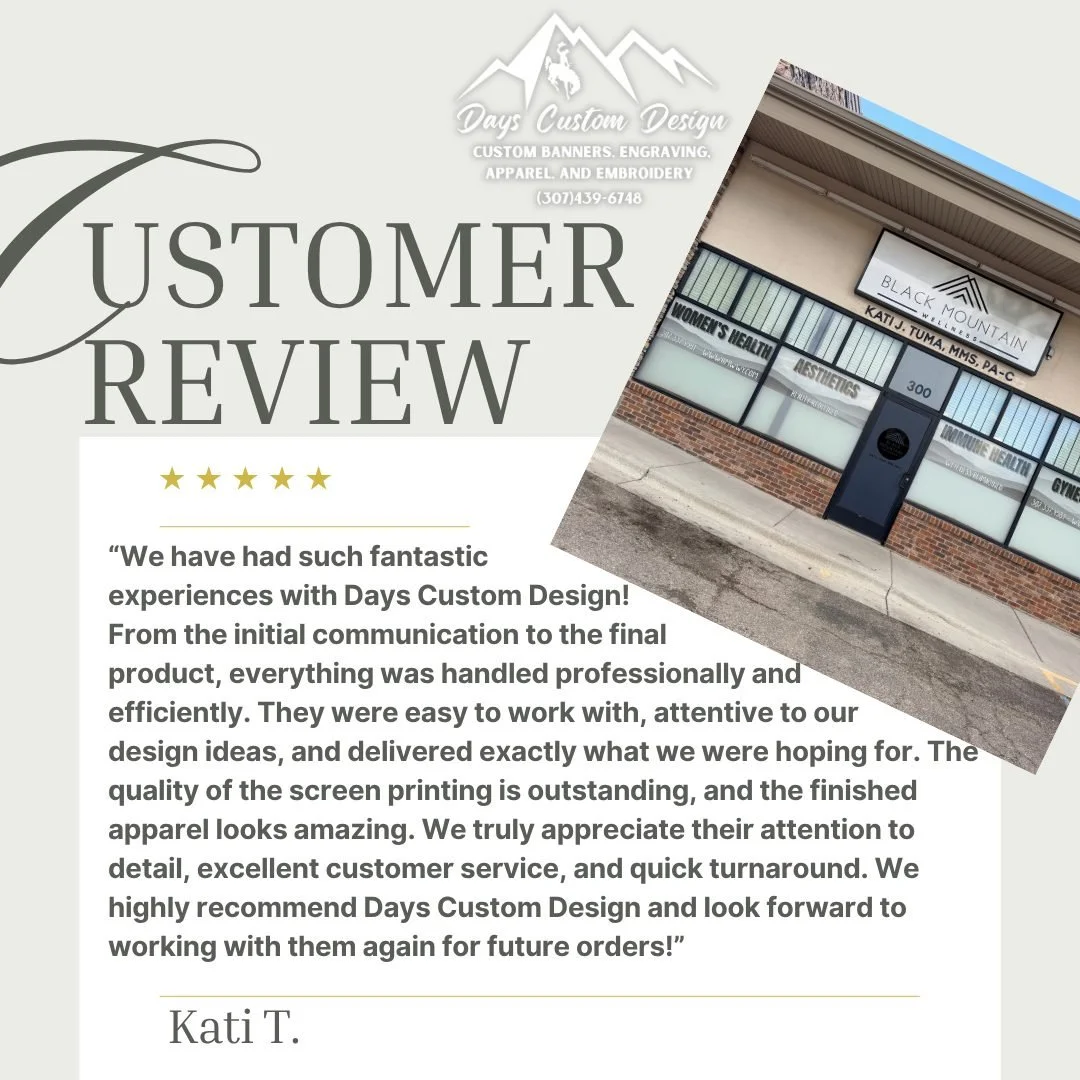 ⭐ CUSTOMER REVIEW ⭐
&ldquo;We have had such fantastic experiences with Days Custom Design! From the initial communication to the final product, everything was handled professionally and efficiently. They were easy to work with, attentive to our desig