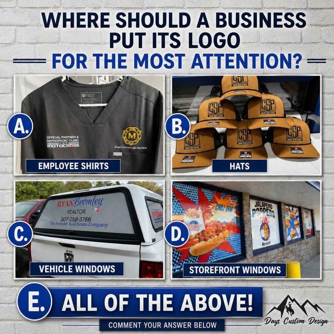 Where should a business put its logo for the most attention? 🤔✨
A. Employee shirts 👕
B. Hats 🧢
C. Vehicle windows 🚗
D. Storefront windows 🪟
E. All of the above 🙌
Comment your answer below! We might be slightly biased toward option E. 😂
📞 Let 
