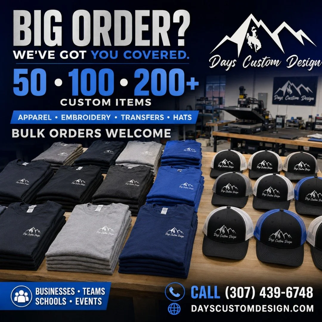 Need 50, 100, or even 200 custom items? Large orders are welcome at Days Custom Design! 📦👕🧢
We help businesses, teams, schools, races, and organizations coordinate products, artwork, decoration methods, quantities, and sizes from beginning to end.