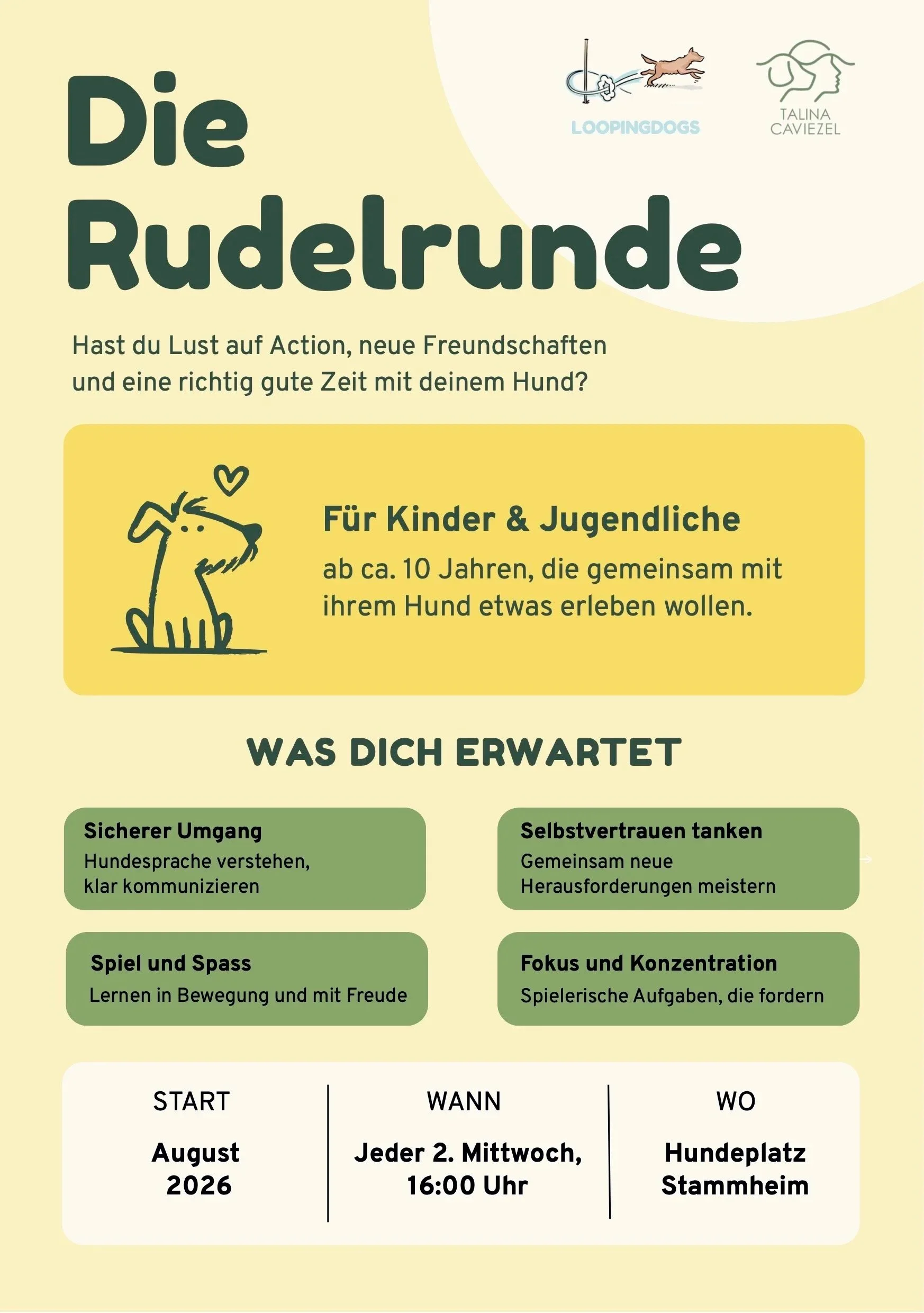 Rudelrunde – Hundetraining für Kinder und Jugendliche ab 10 Jahren auf dem Hundeplatz in Stammheim, mit Talina Caviezel und Martina Mühlebach.