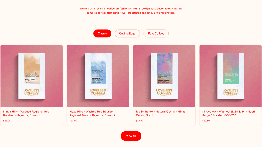 Loveless Coffees purchase options on homepage