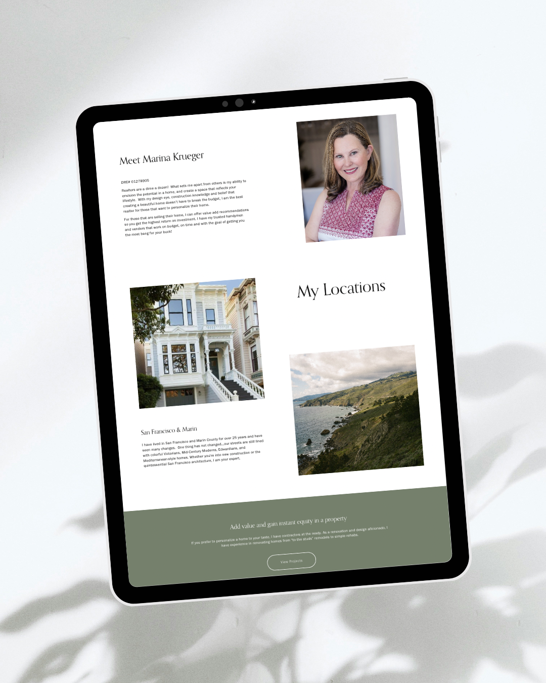 iPad with Marina Krueger about page displayed