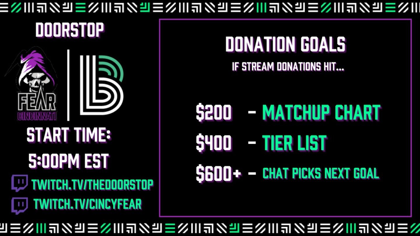 Hop into @thedoorstop_'s stream for some fun Smash Ultimate games! He's doing a charity stream for @bbbs_cincinnati with some fun donation goals!

Check it out on his personal stream or the CincyFear Channel!

https://www.twitch.tv/thedoorstop
https: