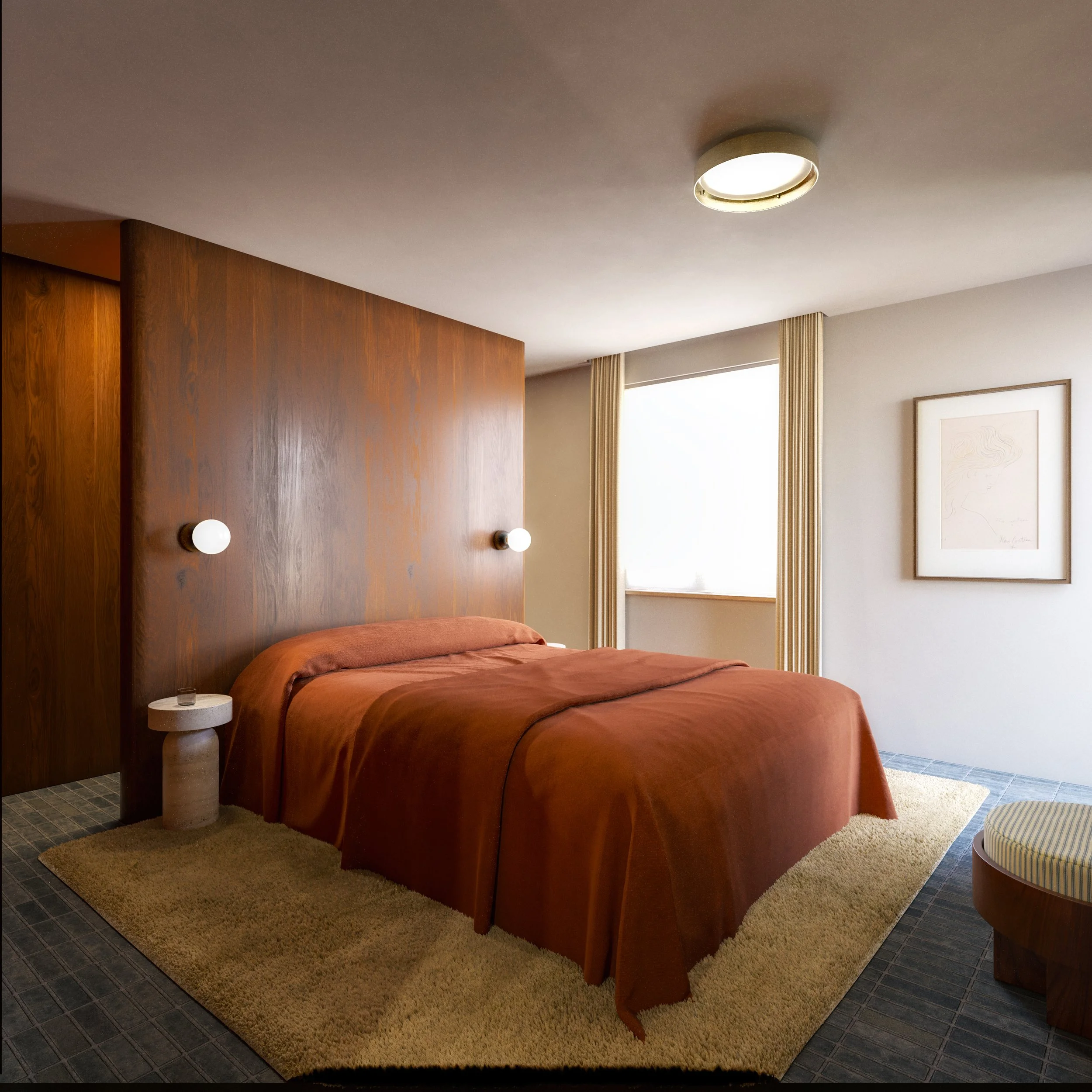 A neatly made bed with a rust-colored bedspread in a modern bedroom, featuring a wooden headboard, side table, beige curtains, a framed artwork, and soft lighting.