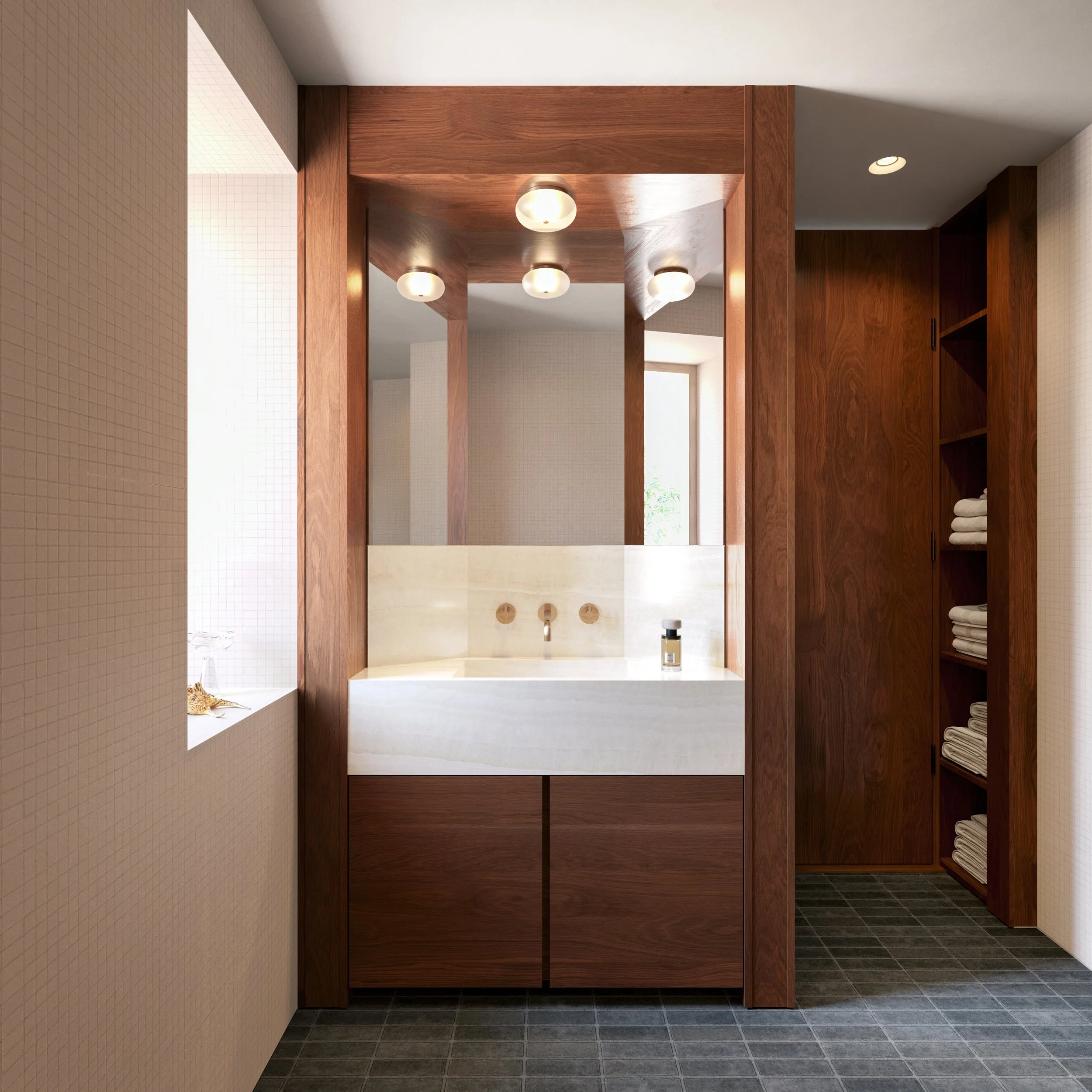 Modern bathroom with wooden accents, a white marble vanity, mirror, and towel shelves.