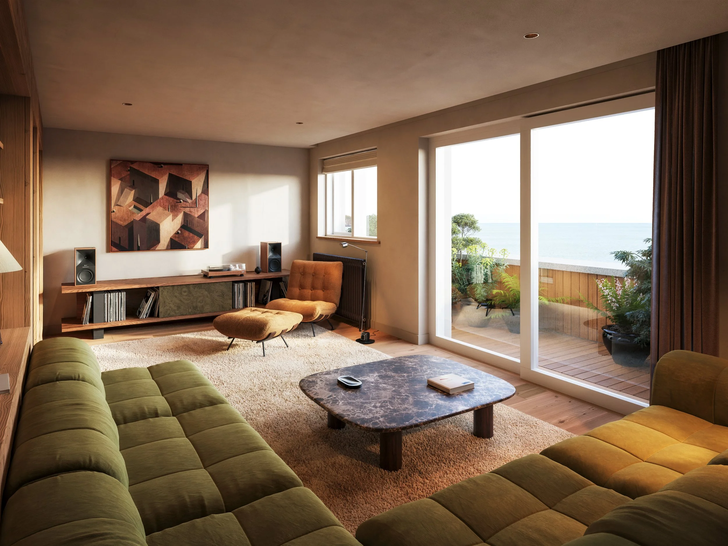 Living room with green sectional sofa, yellow armchair, marble coffee table, and view of balcony with plants and ocean